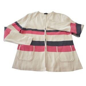 Talbots Petites Cream Pink Navy Striped Open Front Cardigan Sweater MP